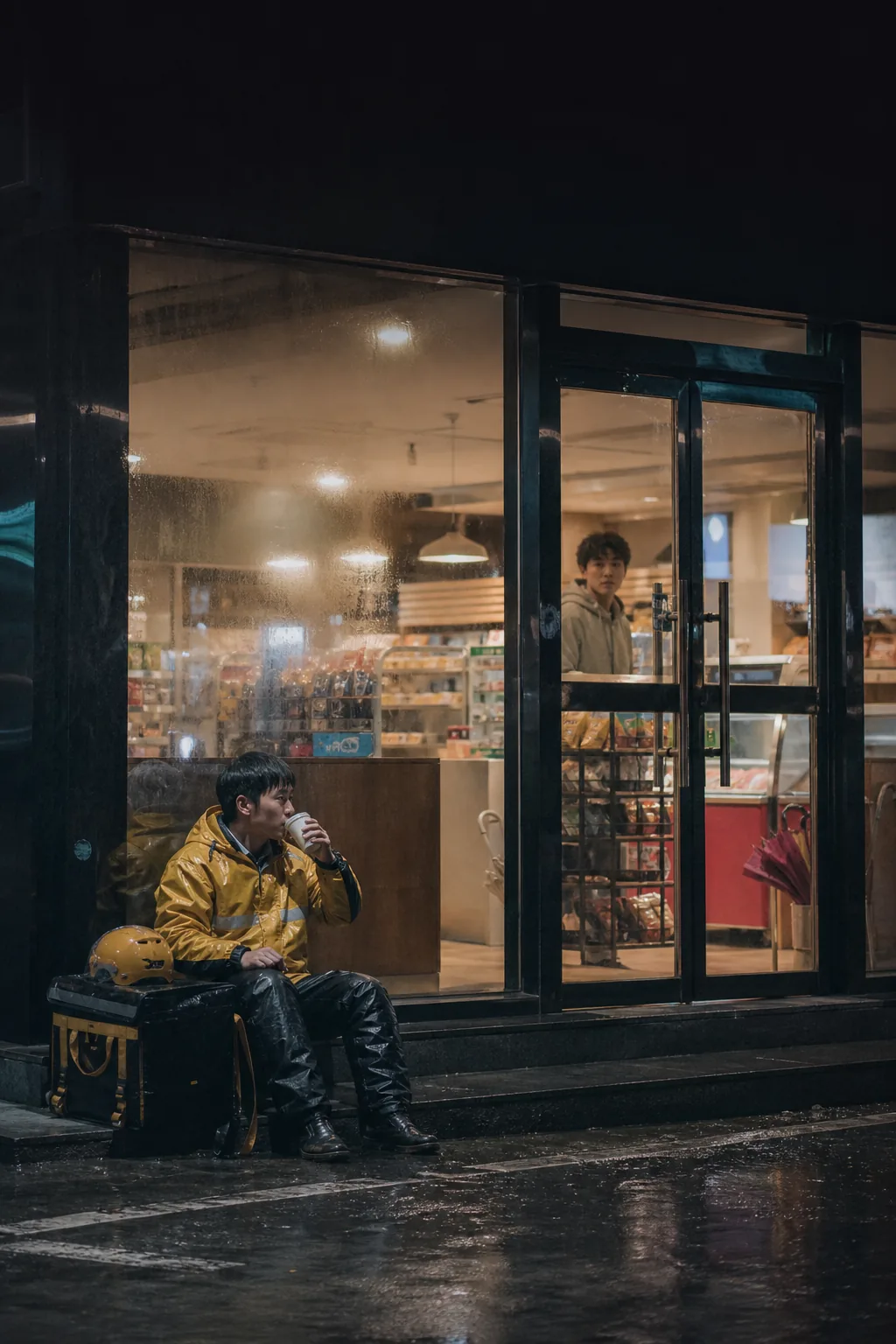 雨夜里，一个年轻人隔着便利店玻璃看见外卖骑手短暂停下