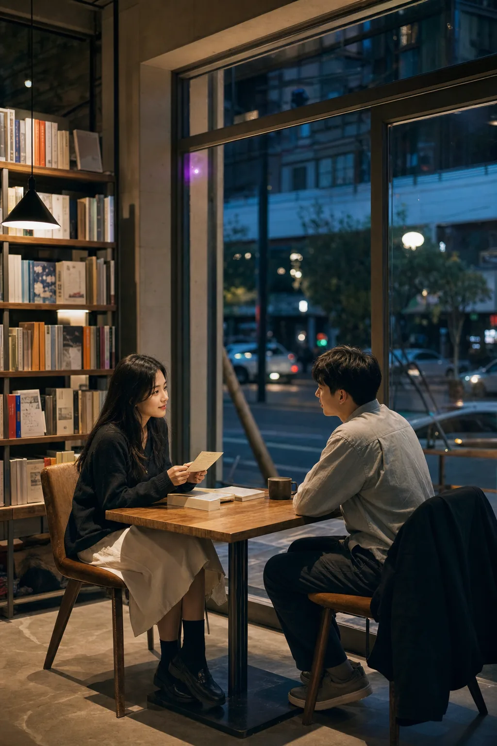 两个年轻人在书店咖啡馆里认真听彼此慢慢说话